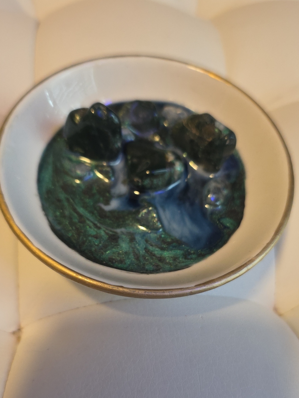 Small Decorative Trinket Dish with Green-Blue Glazed Accents (D-1)